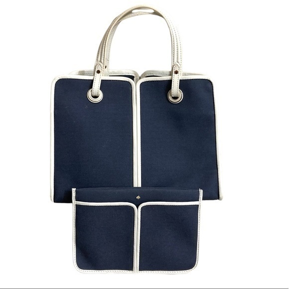 Kate spade Sam canvas two piece tote with clutch bag blue canvas white leather